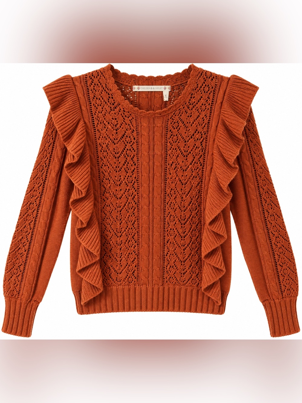 Chelsea & Violet Rust Ruffle Cable Knit Sweater - Picture 2 of 4